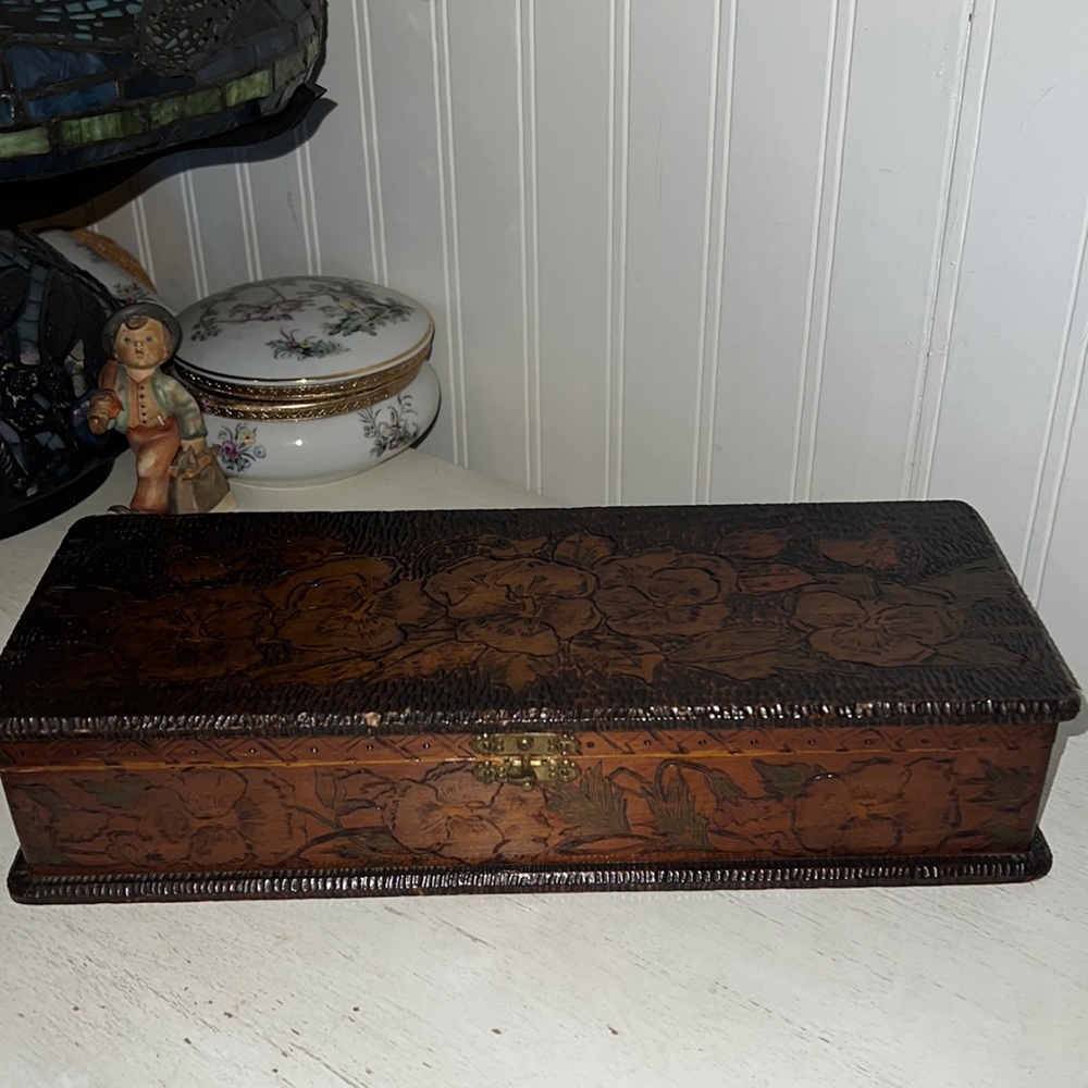 Antique hand carved oblong wooden box floral glove